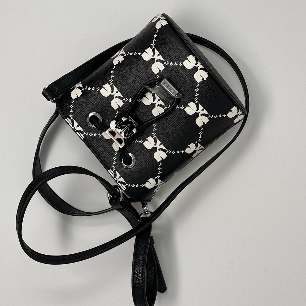 Karl Lagerfeld Black and White Patterned Crossbody Mini Bucket Bag